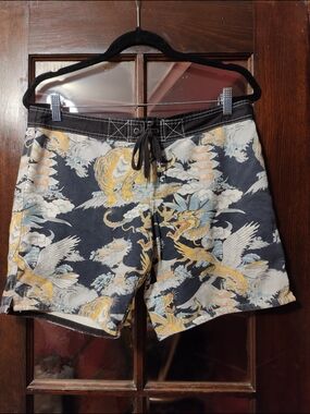 Lucky Brand Navy Swim Board Shorts with Yellow & Light Blue Dragon Print